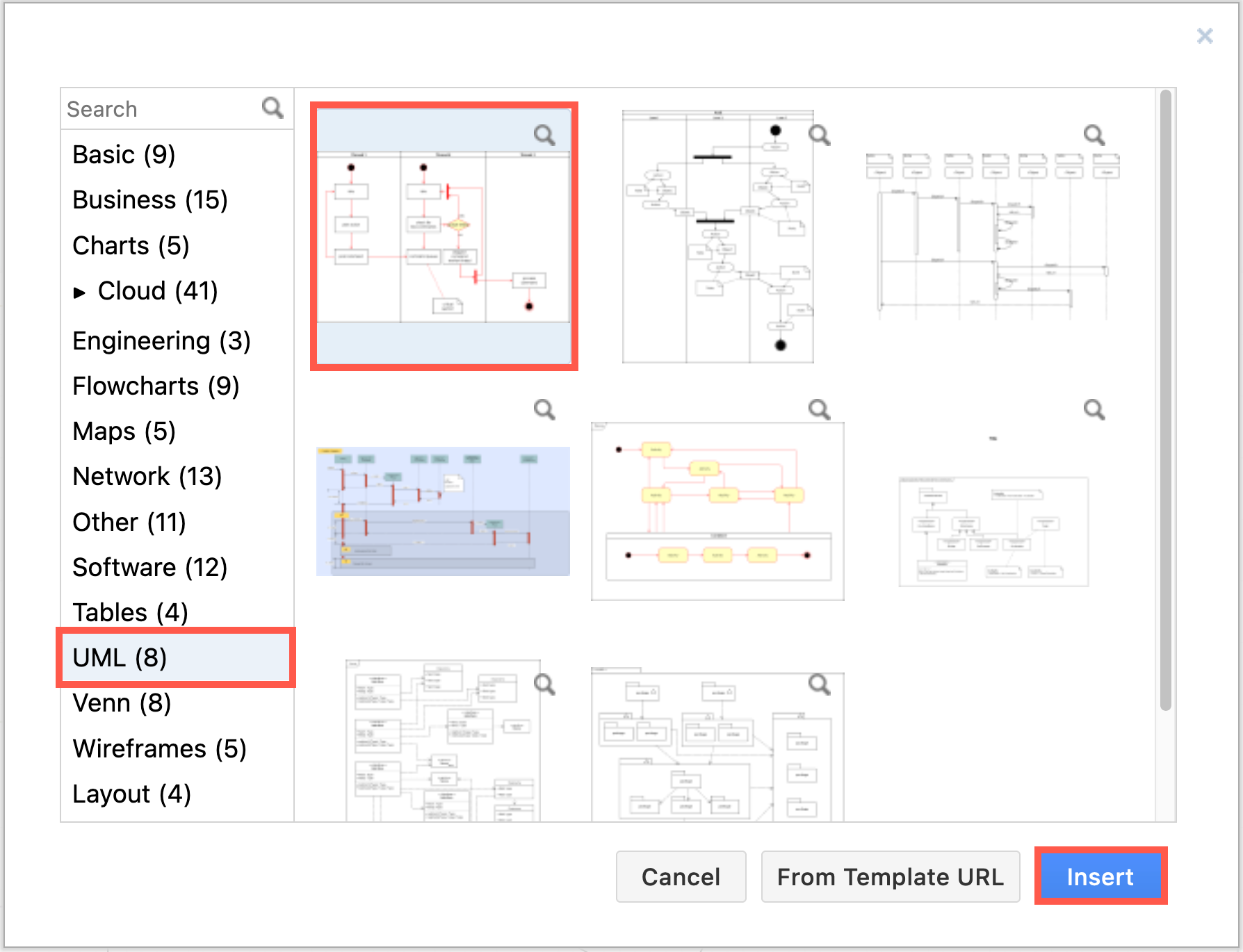 Insert an UML activity diagram template in diagrams.net from the template library