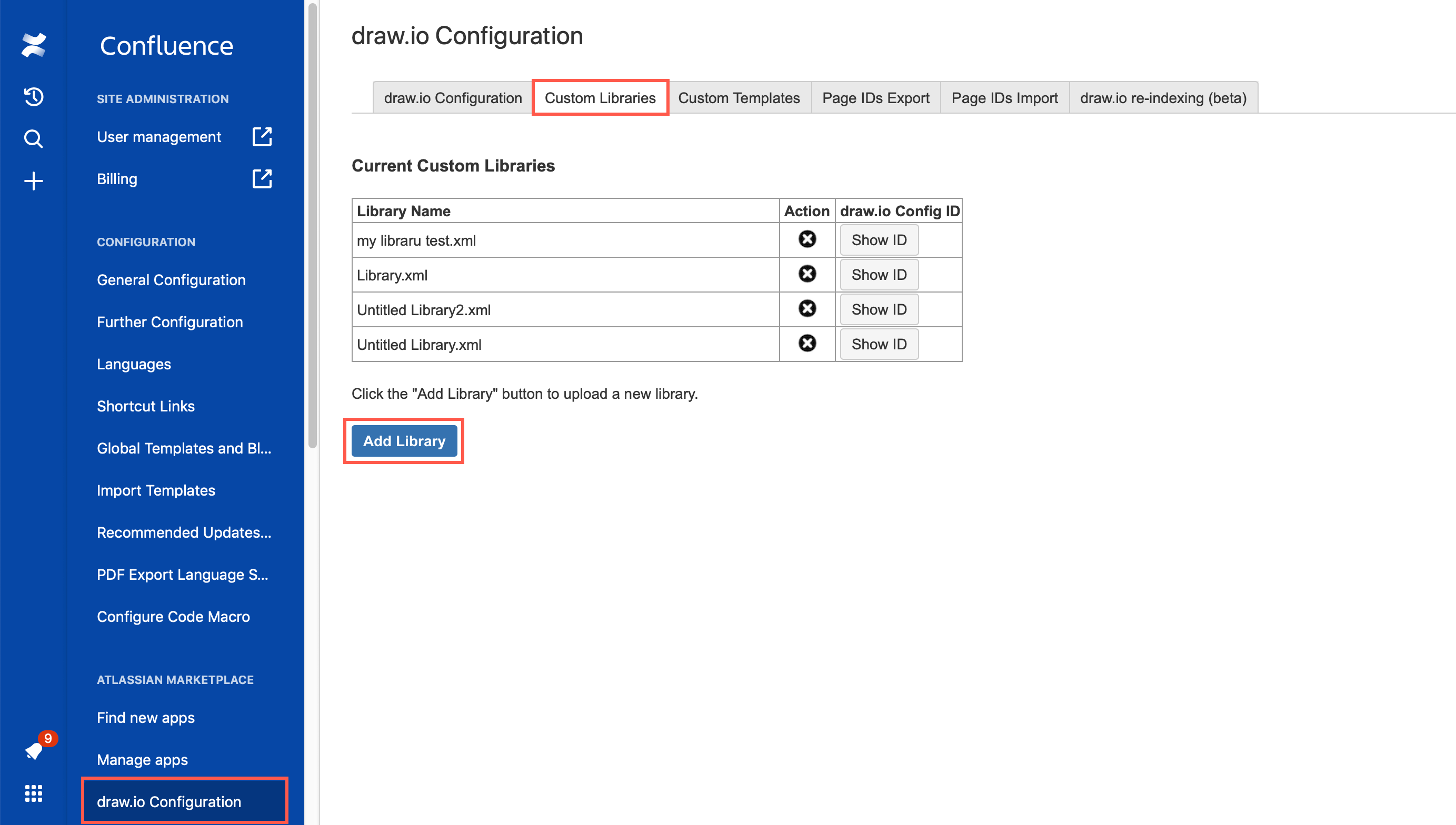 Add a custom library to Confluence Cloud via draw.io Configuration in the Confluence Administration area