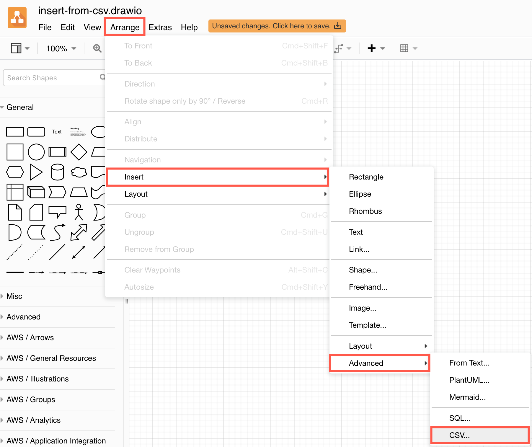 Select Arrange > Insert > Advanced > CSV