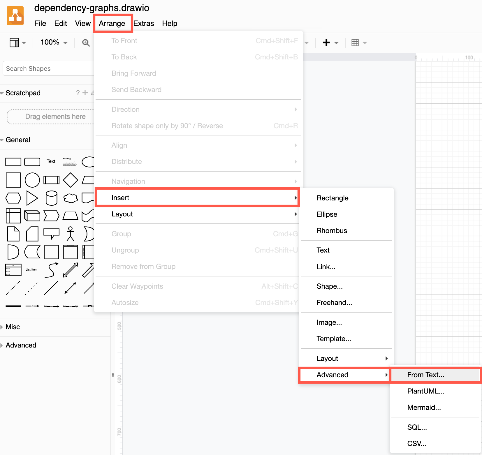 Click Arrange > Insert > Advanced > From Text to create a diagram from a text representation of a dependency graph