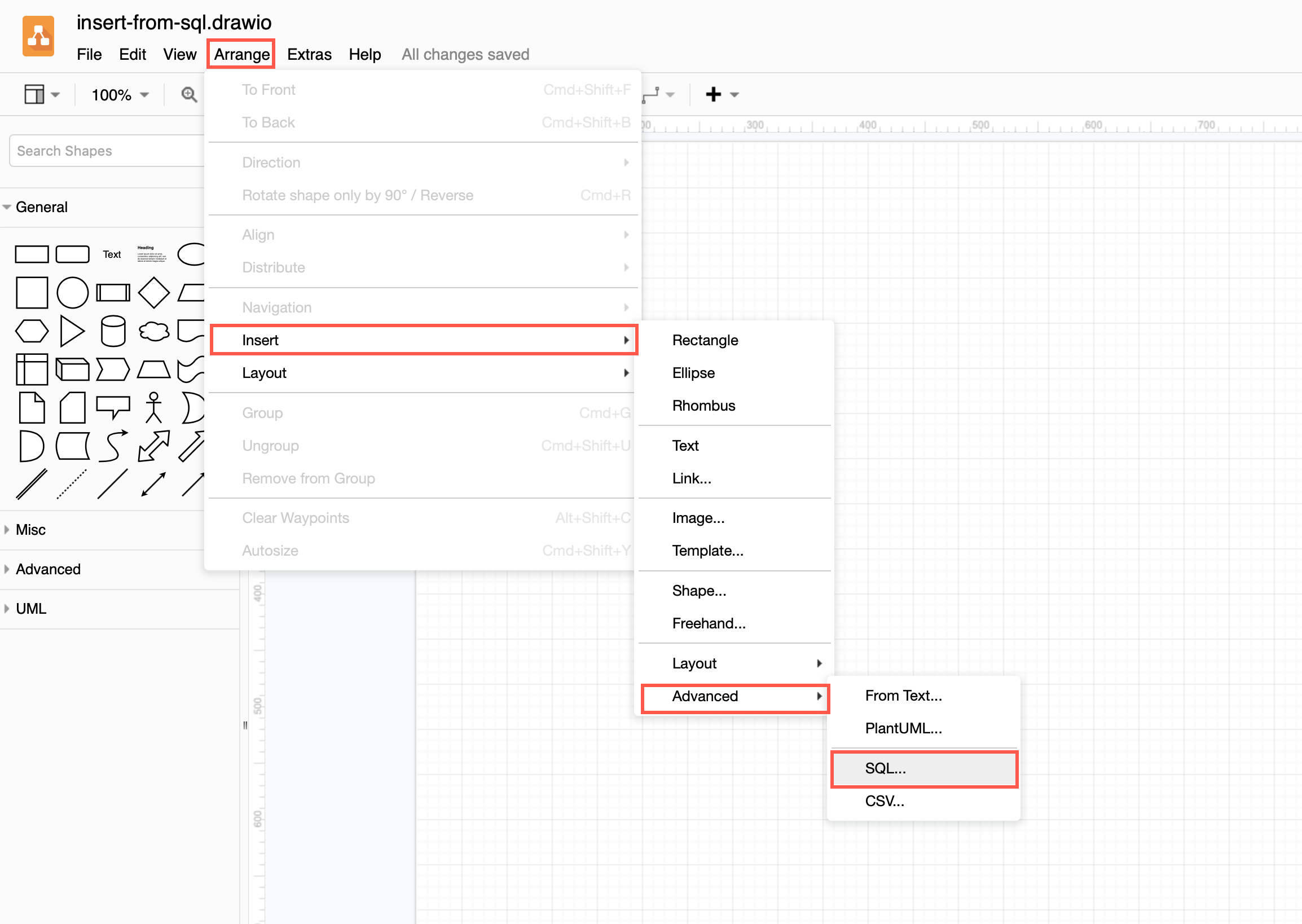 Arrange > Insert > Advanced > SQL to create an ER diagram from SQL code