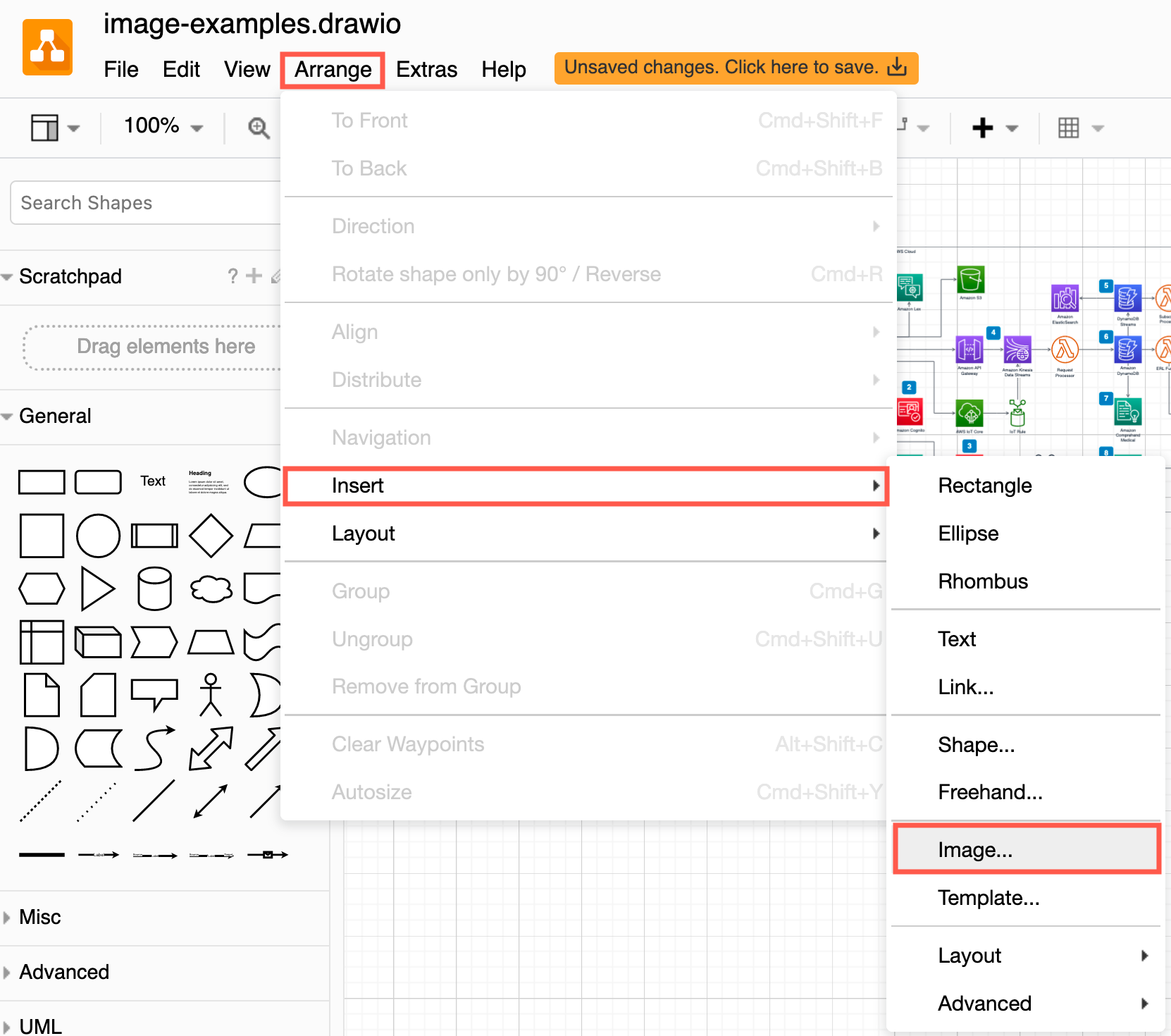 Select Arrange > Insert > Image in the diagrams.net editor