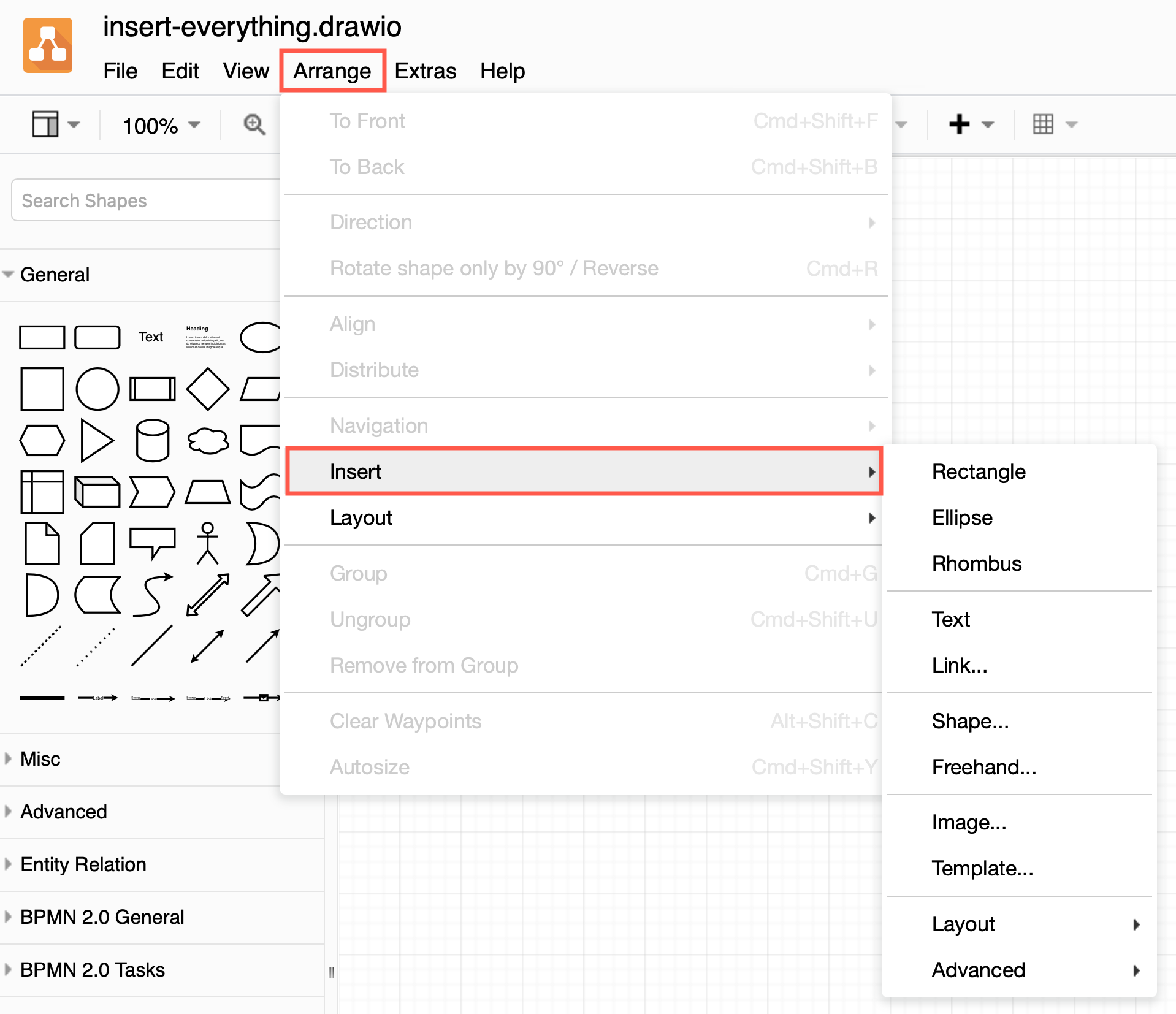 You can insert a wide range of shapes, text, links, layouts, images, templates and more via the Arrange > Insert menu in diagrams.net