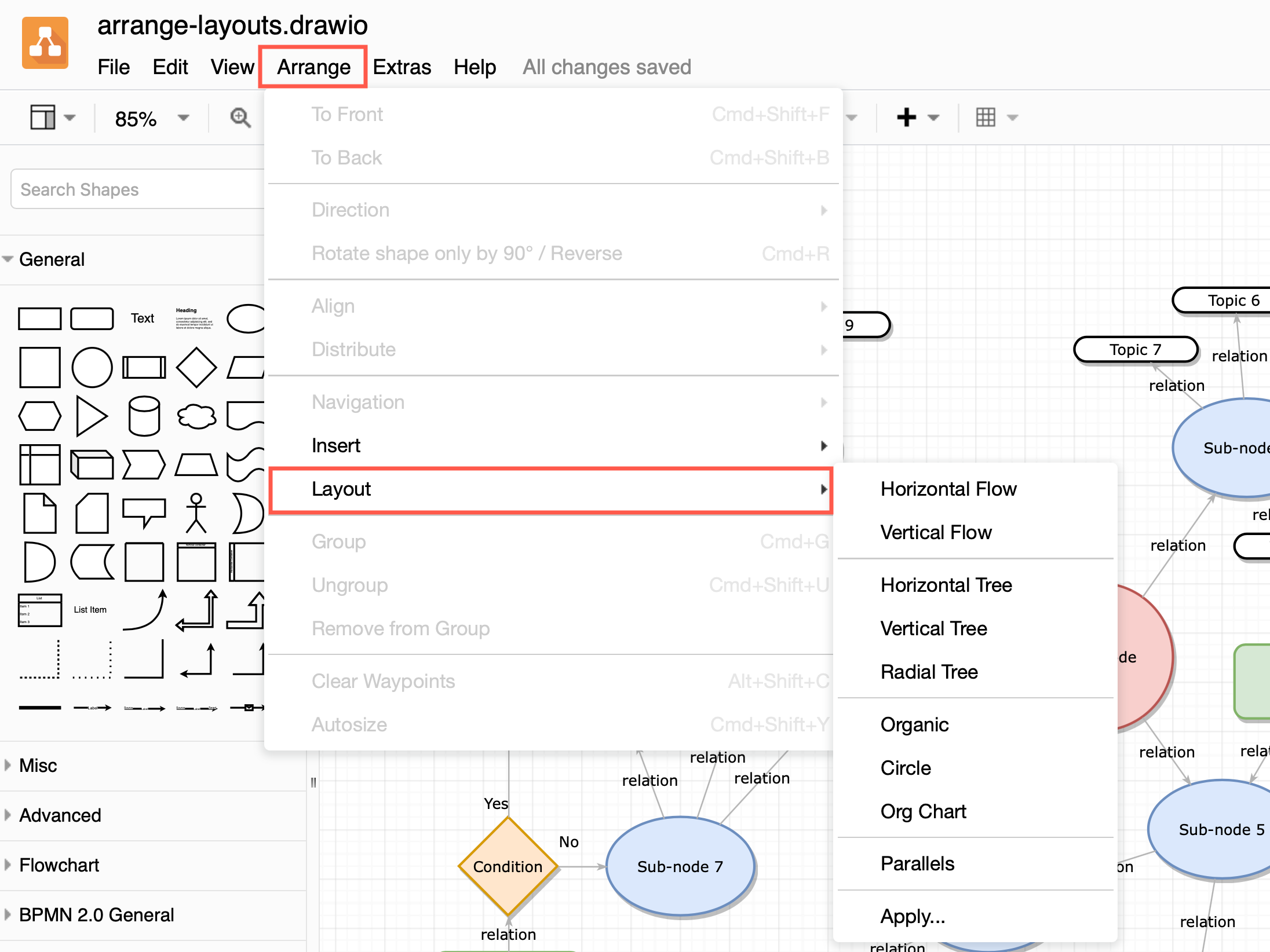 Apply a layout via Arrange > Layout to automatically rearrange the shapes and connectors in diagrams.net