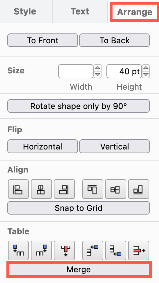 Merge table cells in the diagrams.net and draw.io editor via the Arrange tab in the format panel