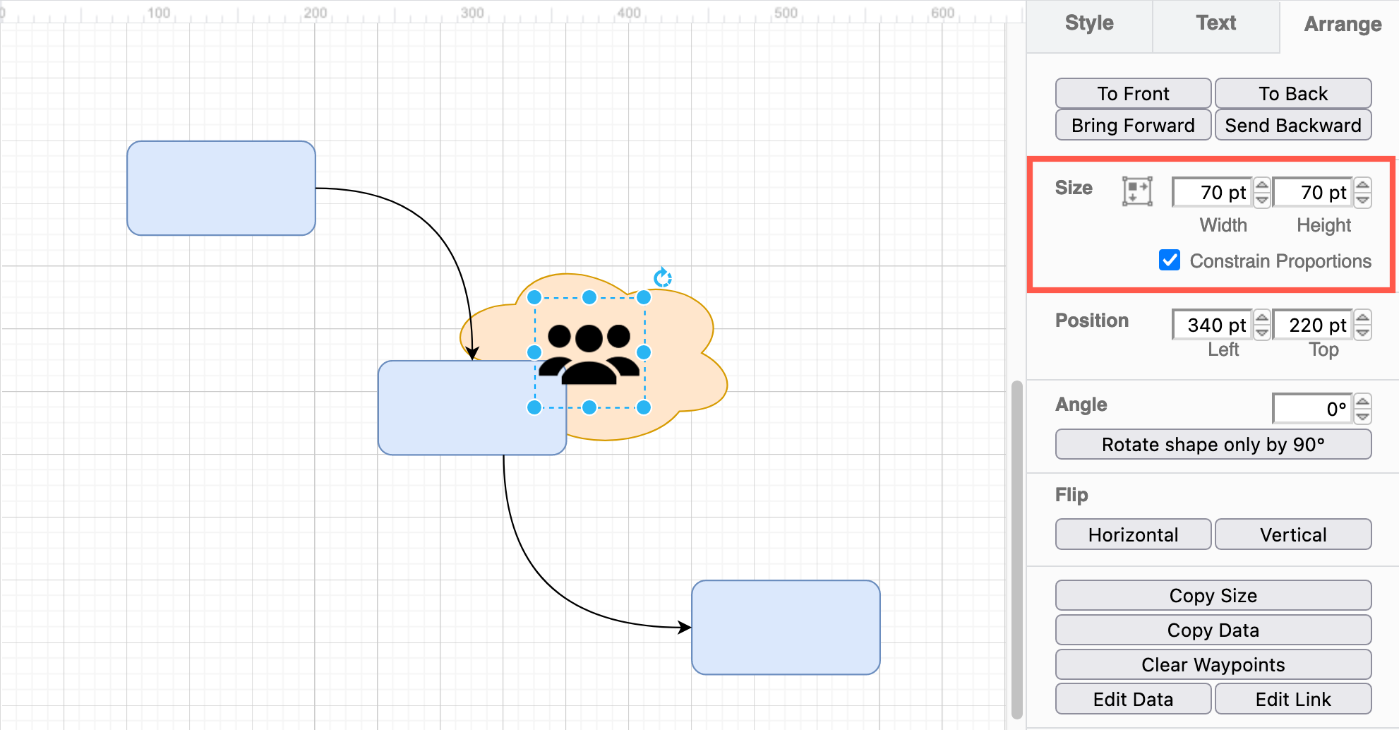 Select a shape, then enter a new size in the text fields to precisely resize it