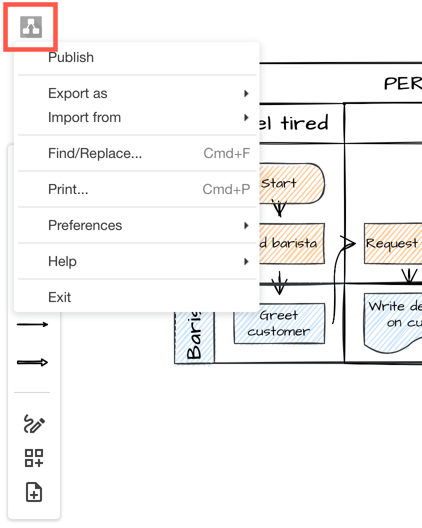 Click on the draw.io logo to open the menu when using the draw.io Board macro