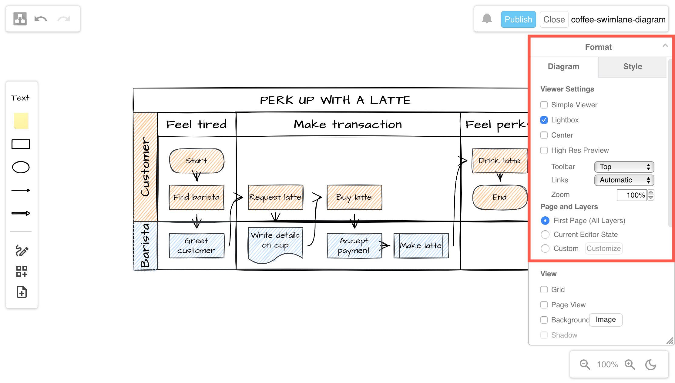 Set the viewer options within the draw.io Board editor to change how your diagram appears on the Confluence page