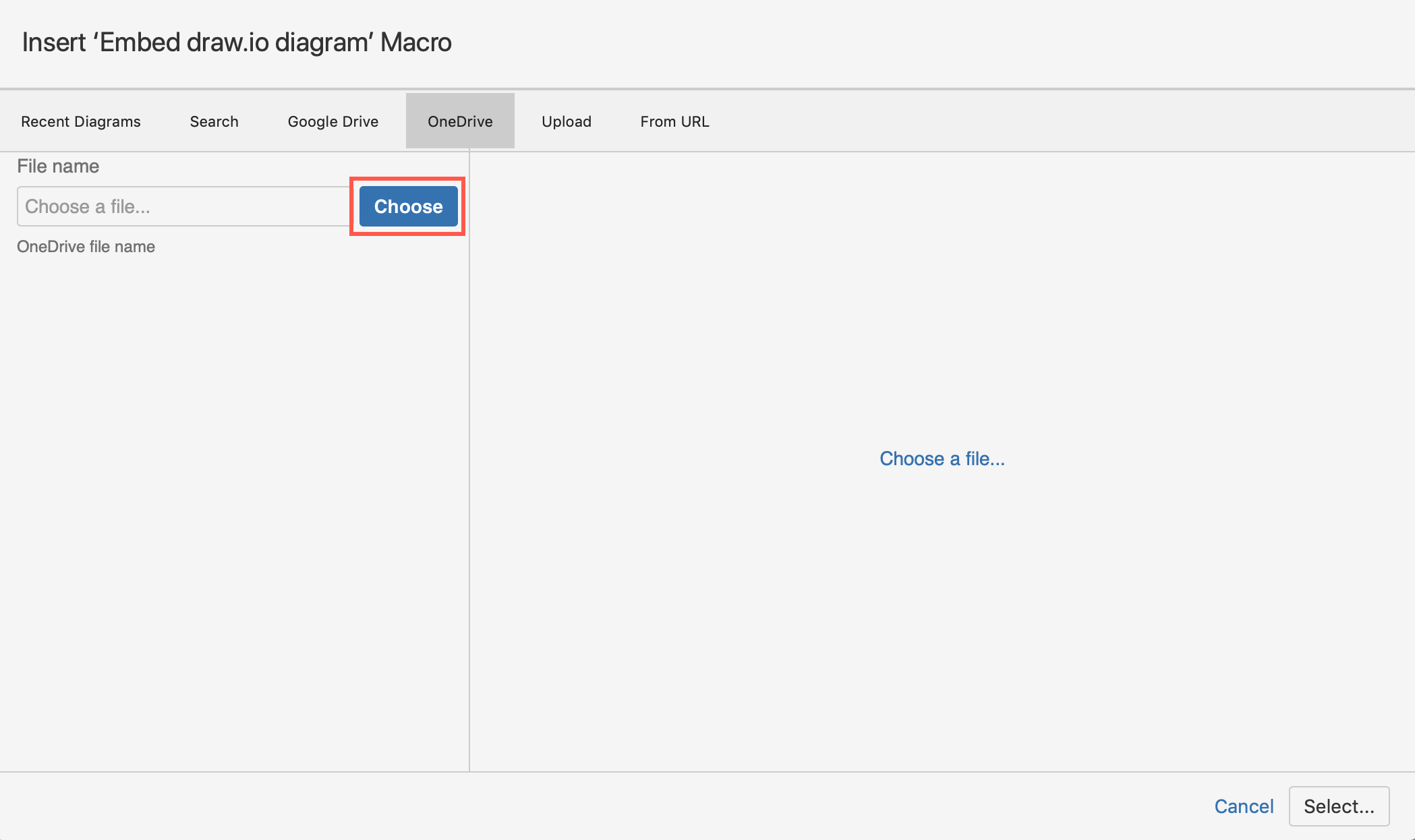 Click Choose to look for the .drawio diagram file in your OneDrive account