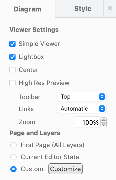 Change the draw.io diagram's Viewer Settings via the Diagram tab in the format panel in Confluence Cloud