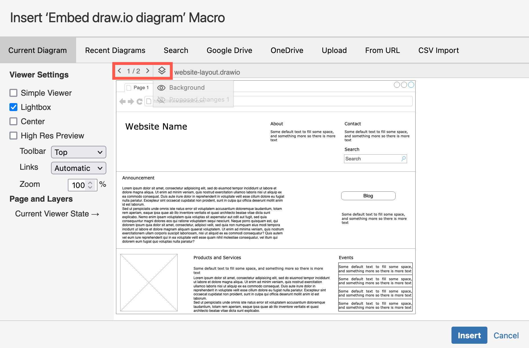 Select a diagram page and set the visible layers when embedding an existing diagram in another Confluence Cloud page