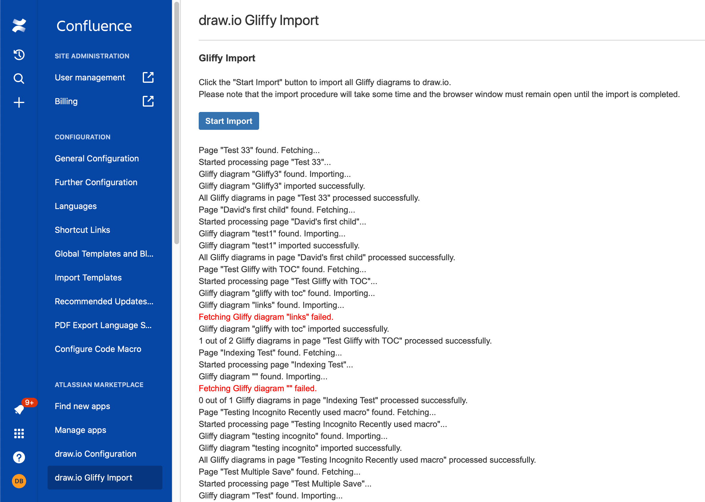 Log of the Gliffy mass import to draw.io in Confluence Cloud