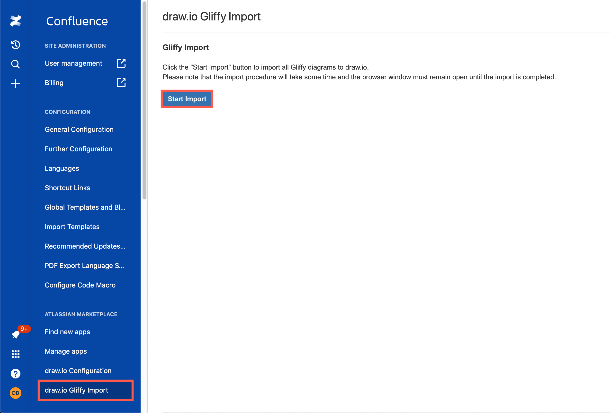 Start the Gliffy mass import to draw.io diagrams in Confluence Cloud