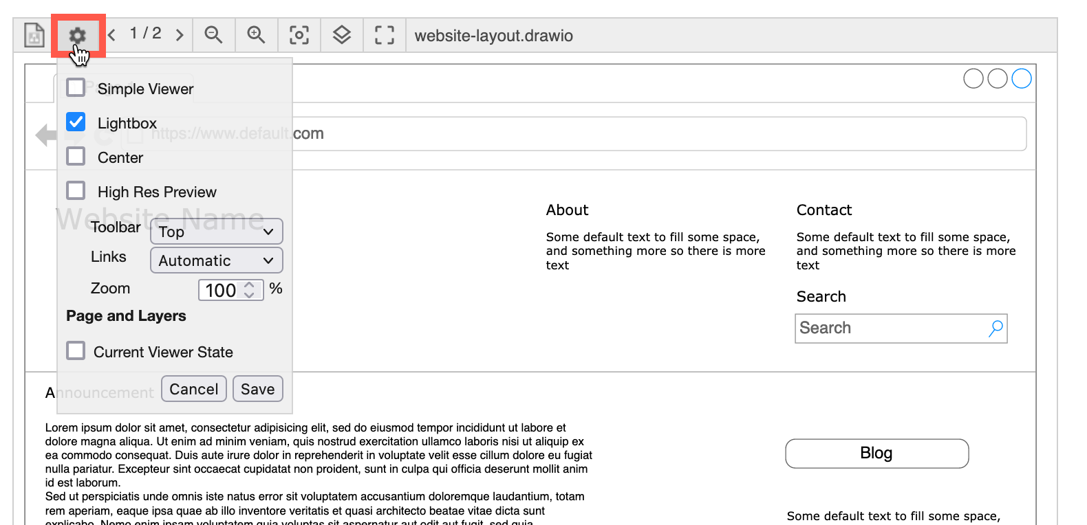 Change the draw.io macro's Viewer Settings in Confluence Cloud when viewing a page containing a diagram and enable the Simple Viewer