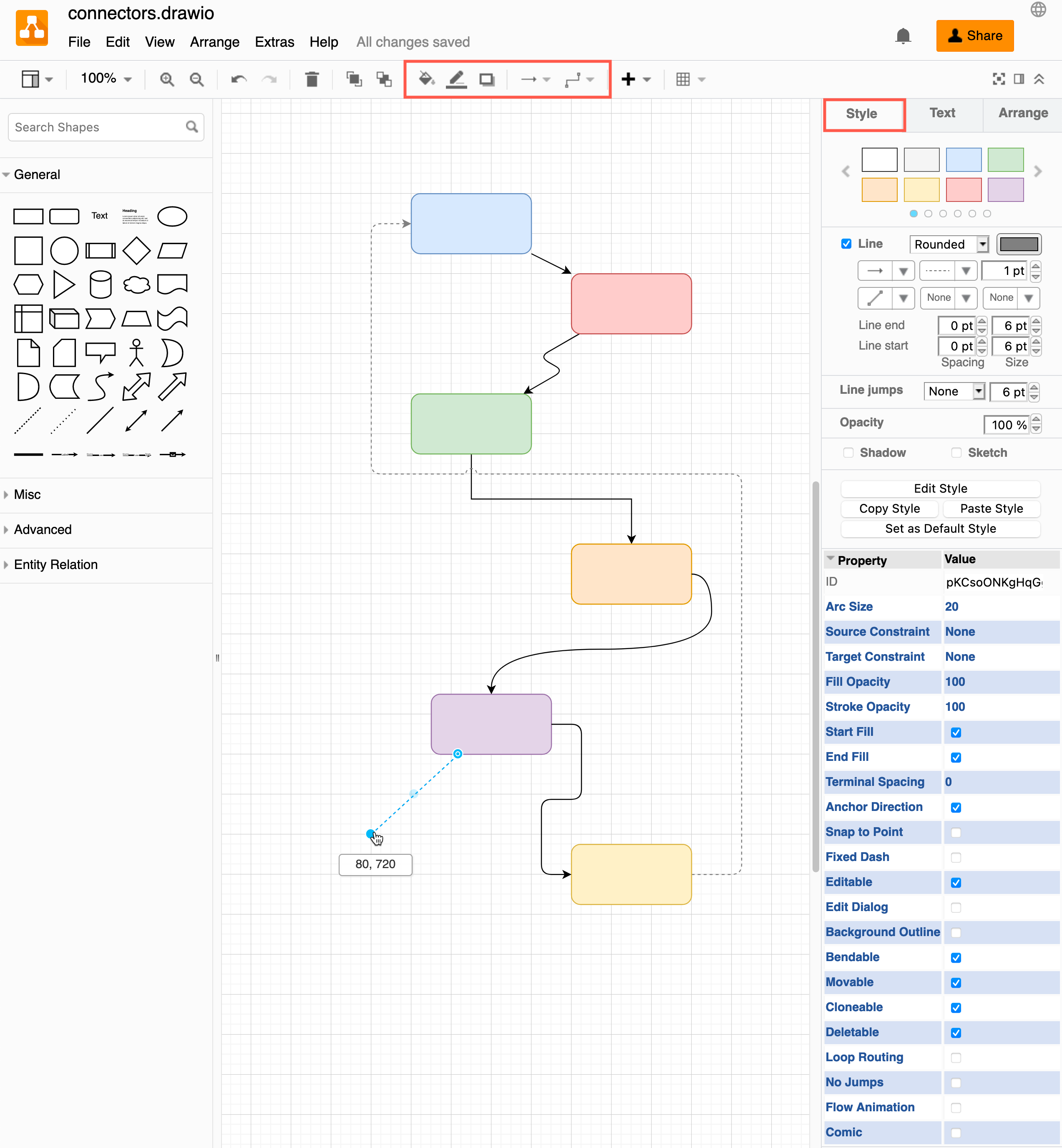 The Style tab in the format panel and the connector tools in the tool bar let you change the style of a selected connector in diagrams.net