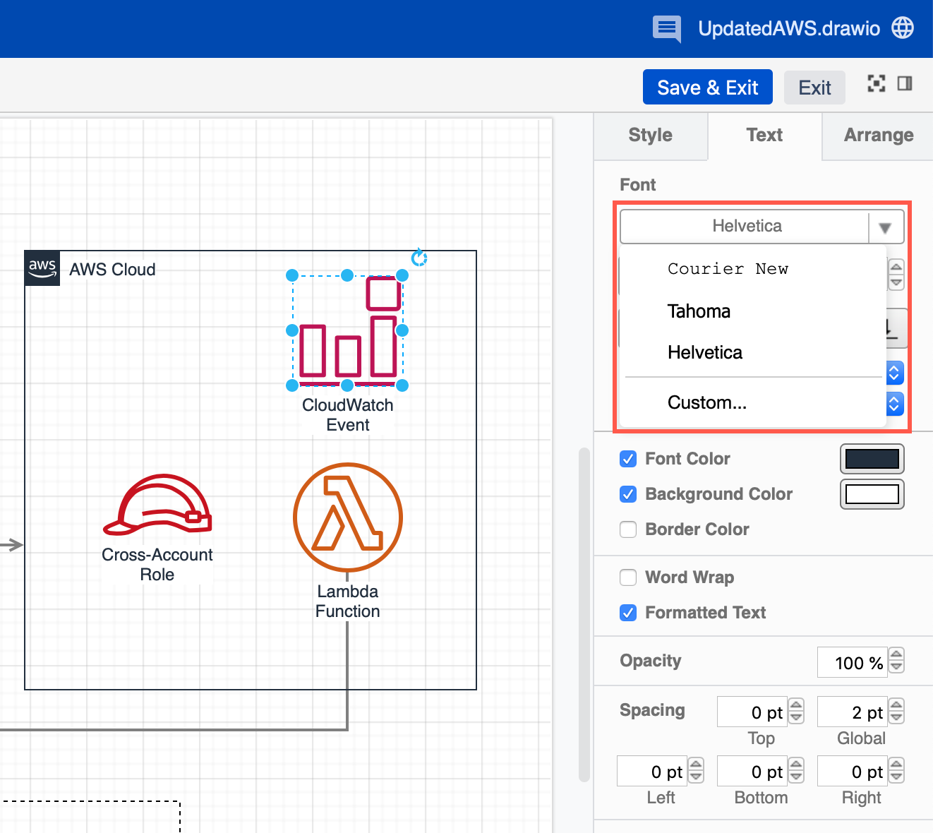 A customised list of default fonts in draw.io for Confluence Cloud