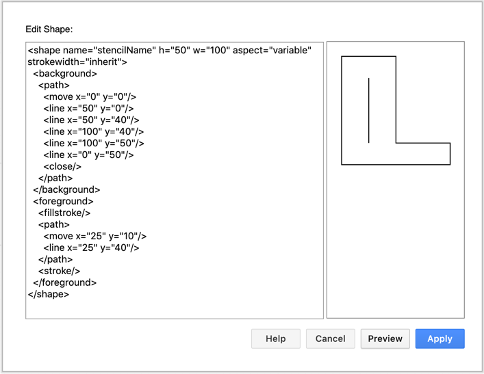 A complex custom shape and its code, created in diagrams.net