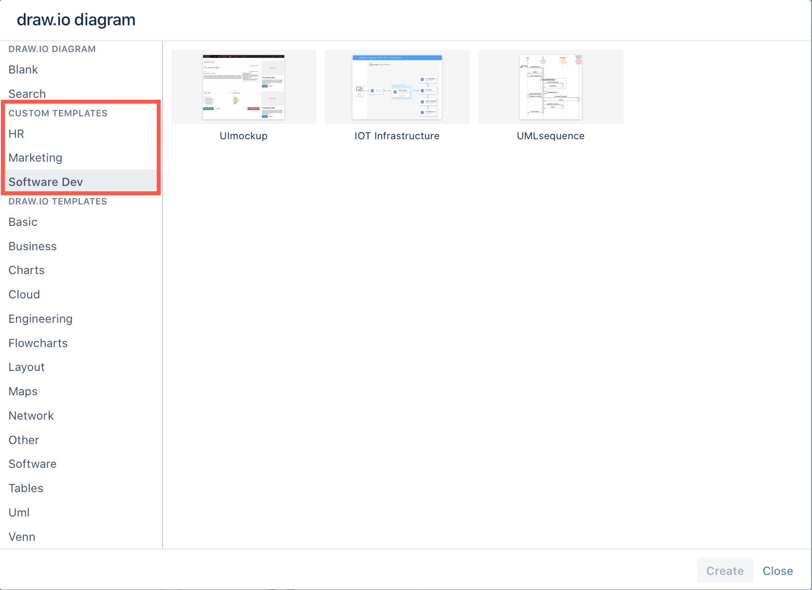 Custom templates in the template manager