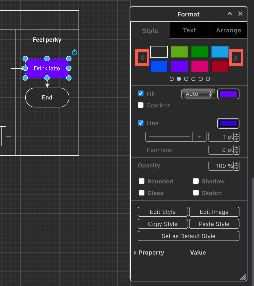 Change to a style palette to format shapes more visibly against a dark background when using the Dark editor theme in diagrams.net