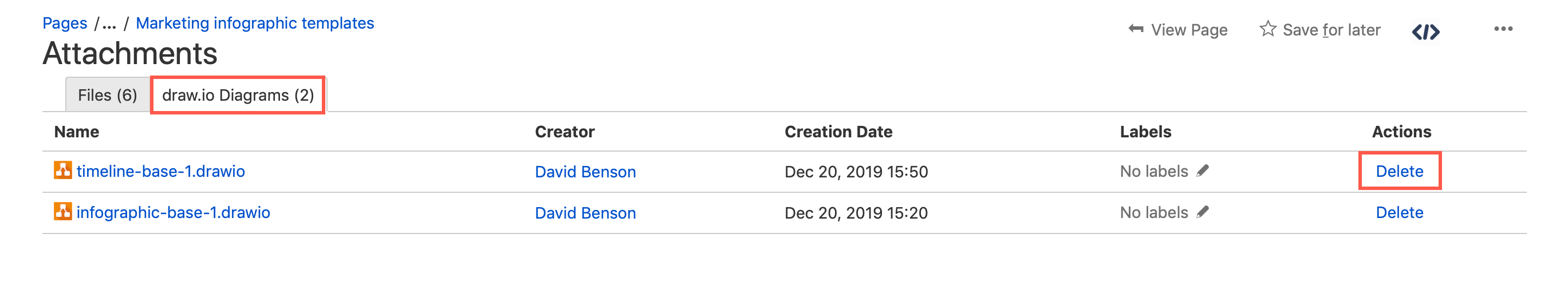 Delete the template diagram from the list of draw.io diagrams attached to that page