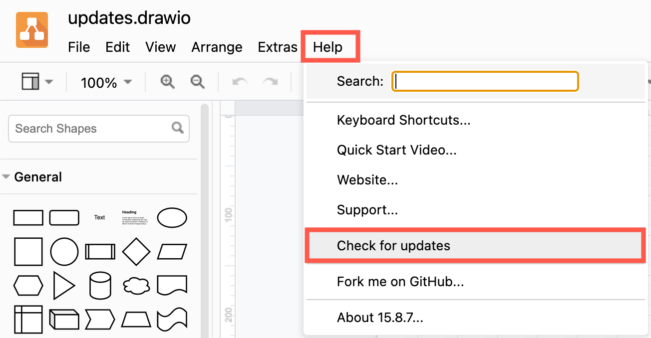 Select Help in diagrams.net Desktop, then Check for Updates to update the application to the most recent build