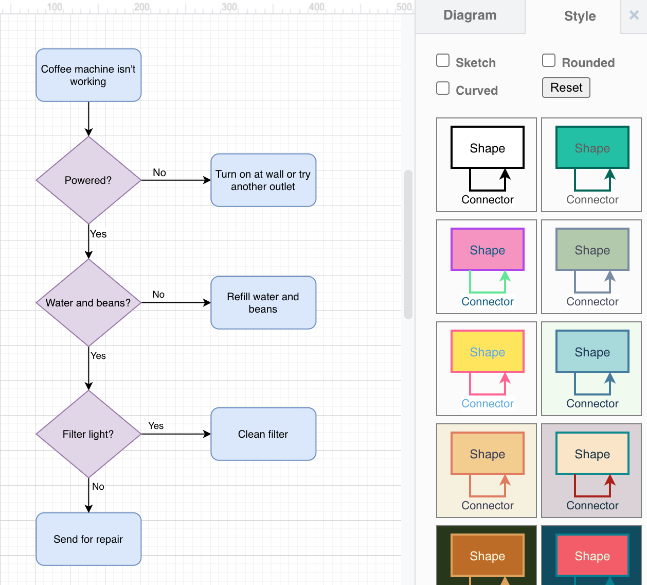 The style options let you globally change the shape, connector and text styles in diagrams.net