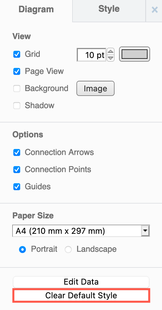 Click on Clear Default Style to reset the style used when adding new shapes and connectors to their diagram.net defaults