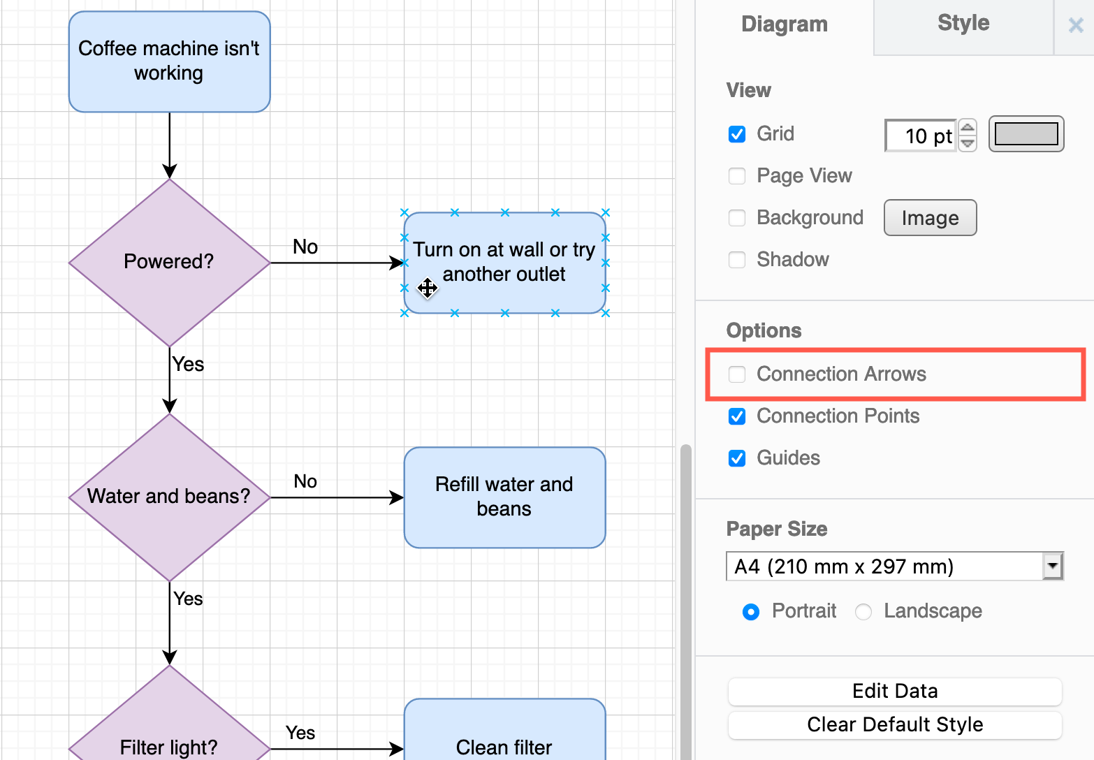 Display or hide the four directional connection arrows that appear when you hover over a shape in the Diagram tab of the format panel