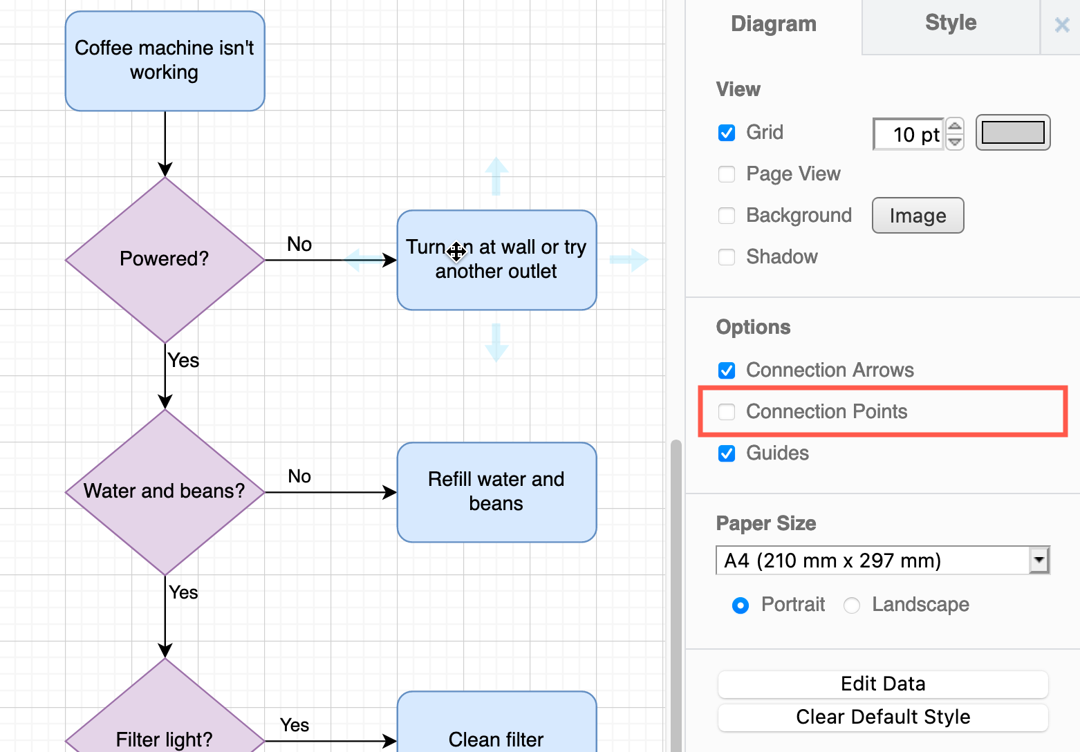 Display or hide the connection points that appear when you hover over a shape in the Diagram tab of the format panel