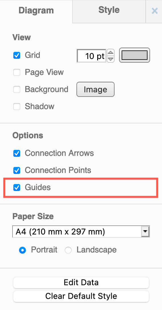 Click on the Guides checkbox to enable or disable the guiding lines that appear to help you line up a shape to existing shapes