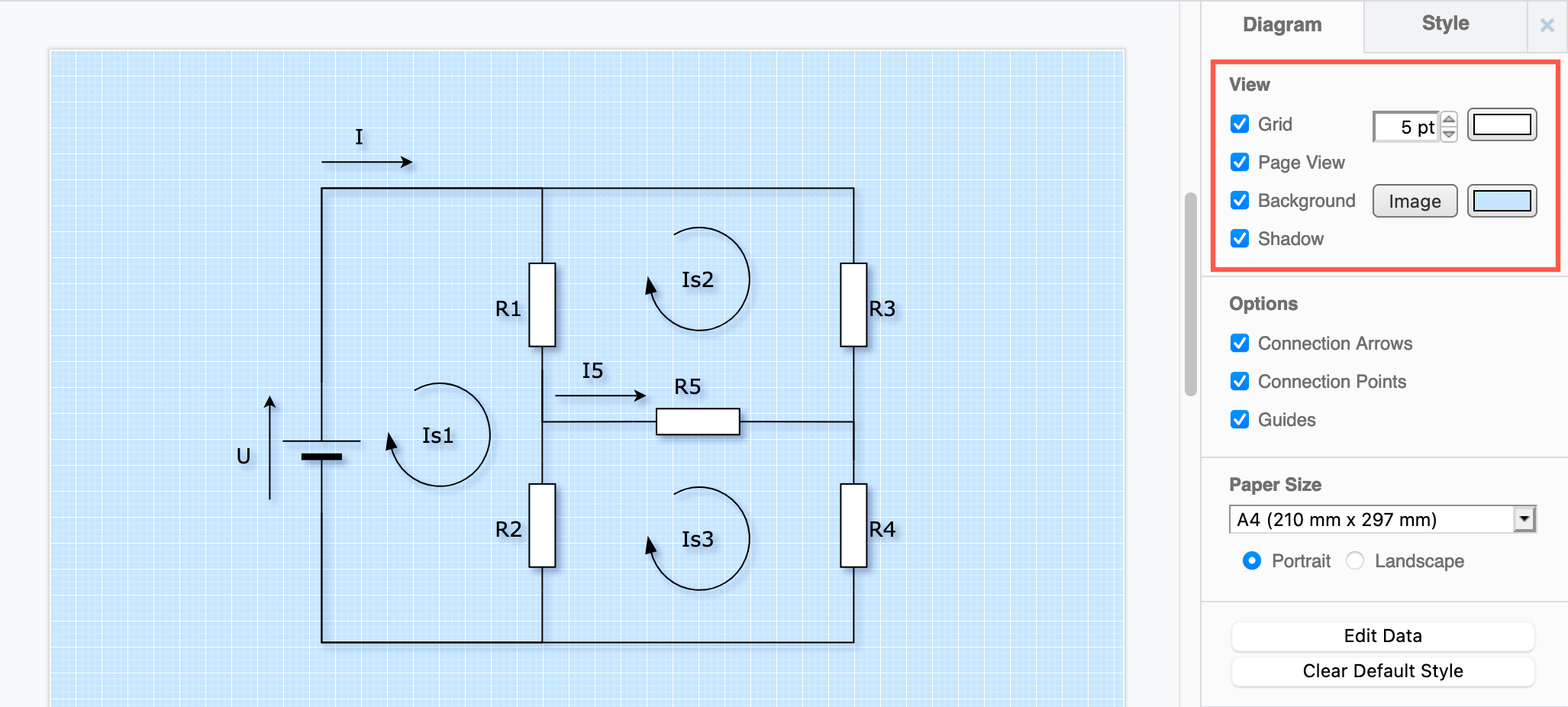 Set a different grid, diagram background and more via the Diagram tab in the format panel