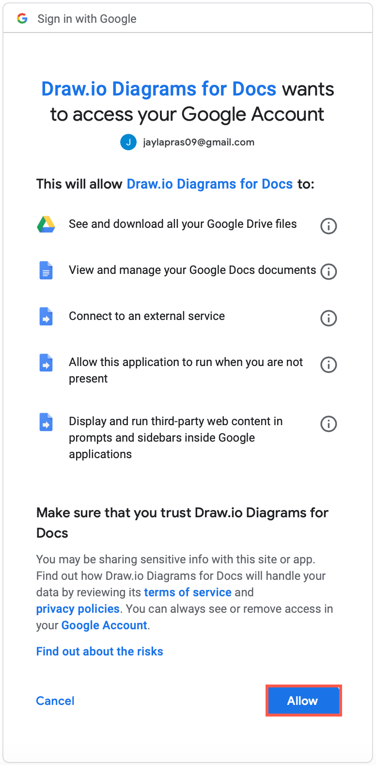 Grant permission for diagrams.net (draw.io) to access your Google Drive files and Google Docs