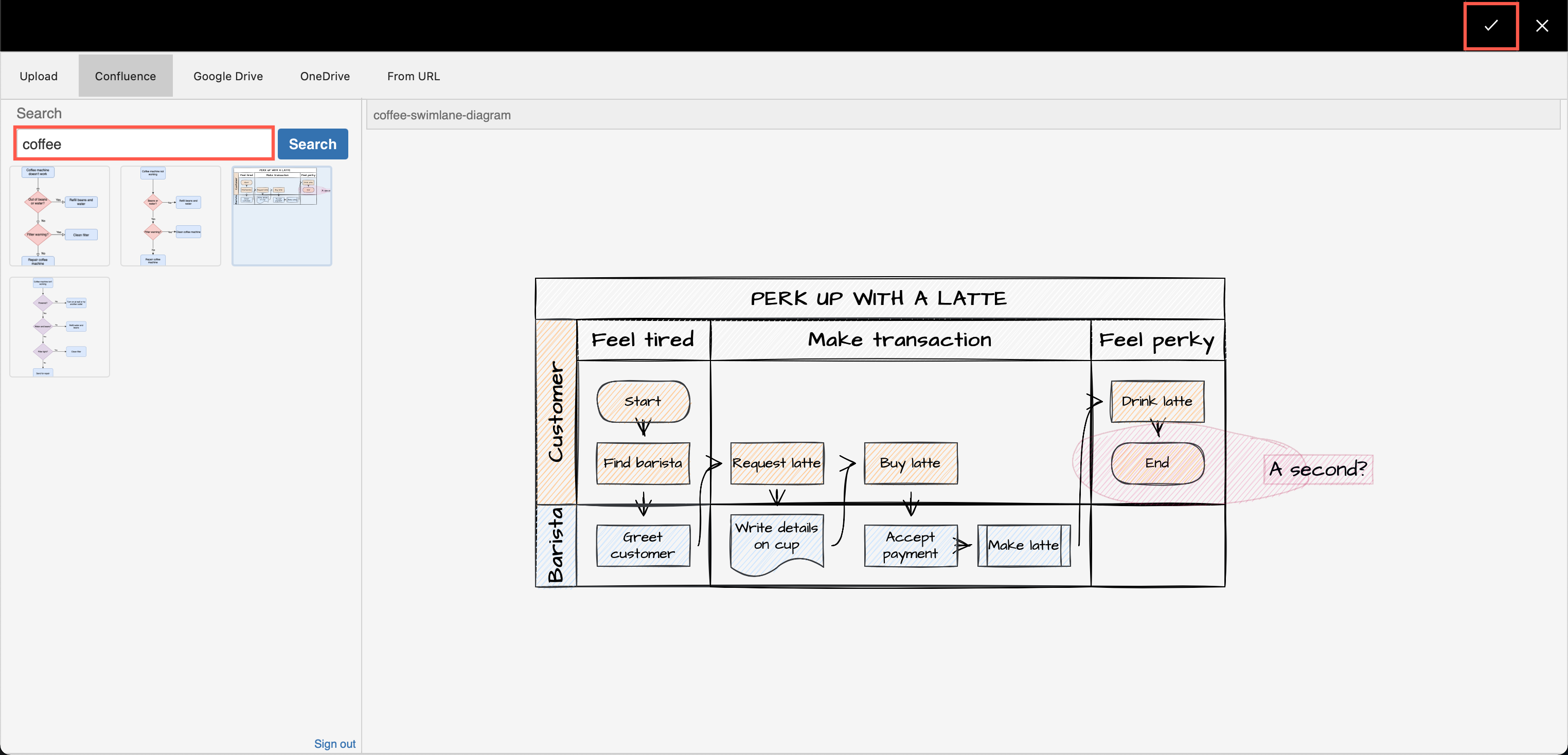 Search for a draw.io diagram stored in your Confluence Cloud instance, select it, and embed it