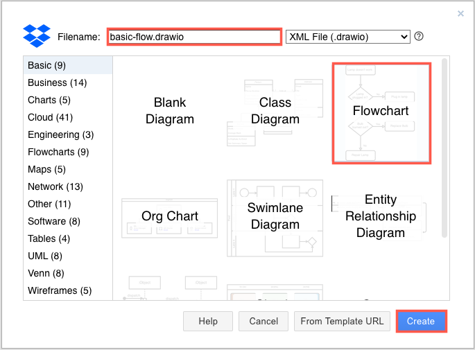 Create a new diagram or open an existing diagram file stored in Dropbox