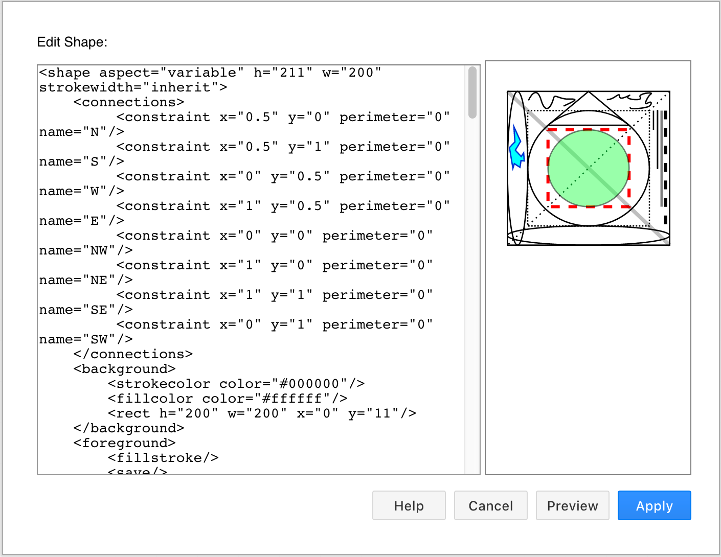 A complex custom shape and its code, created in diagrams.net