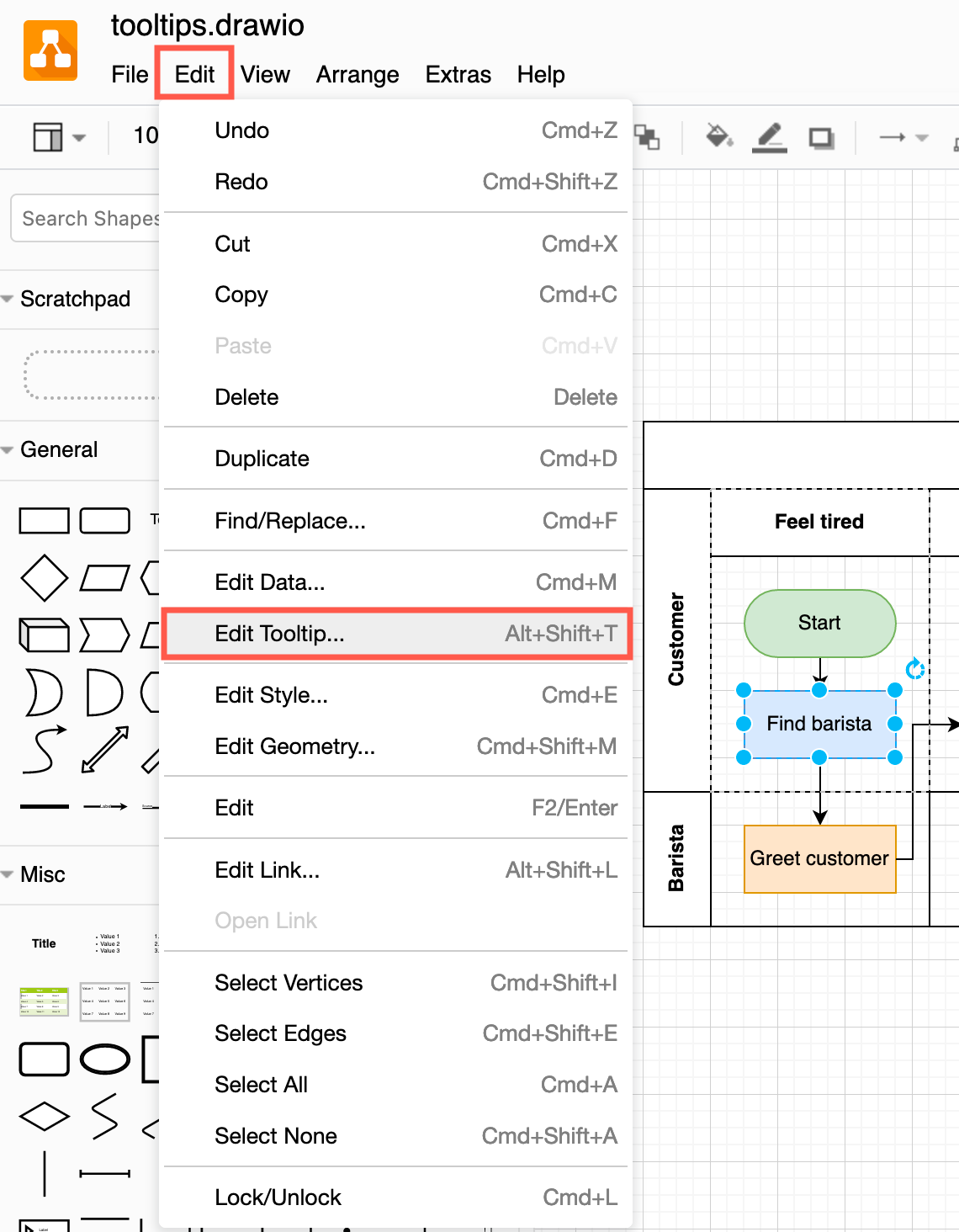 Select the shape or connector and click Edit > Edit Tooltip to add a tooltip