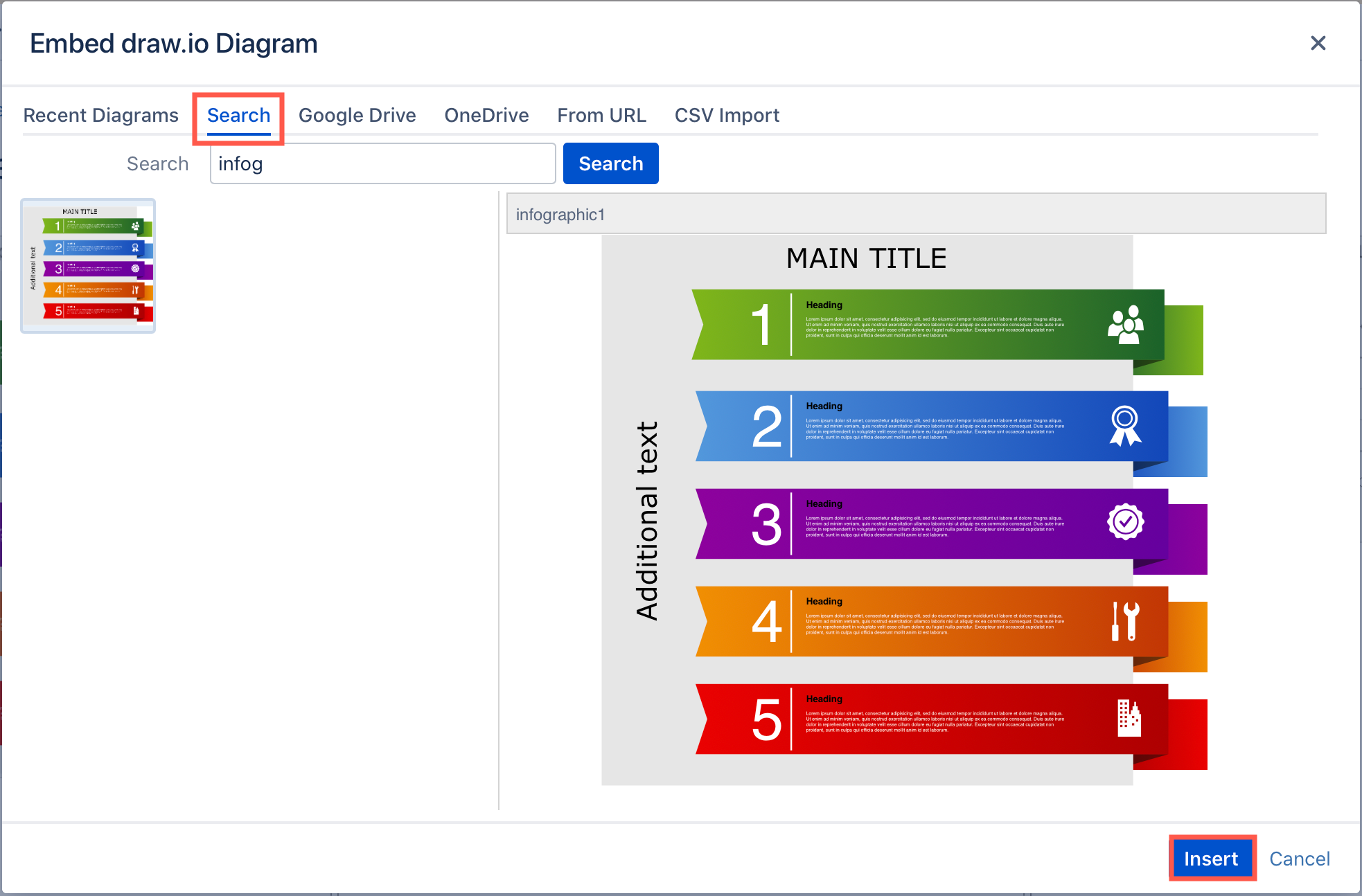 Search for a diagram, select it, then insert it into your Confluence page