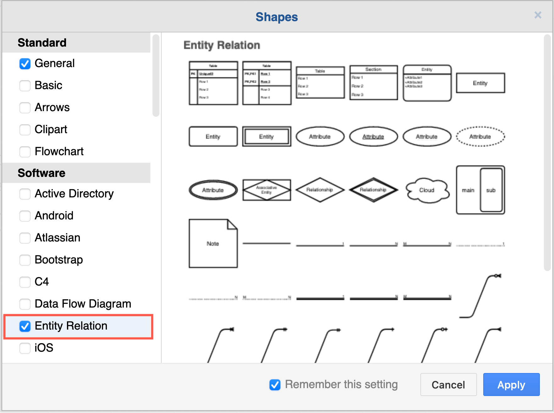 Enable the Entity Relation shape libary via More shapes in the left panel in diagrams.net