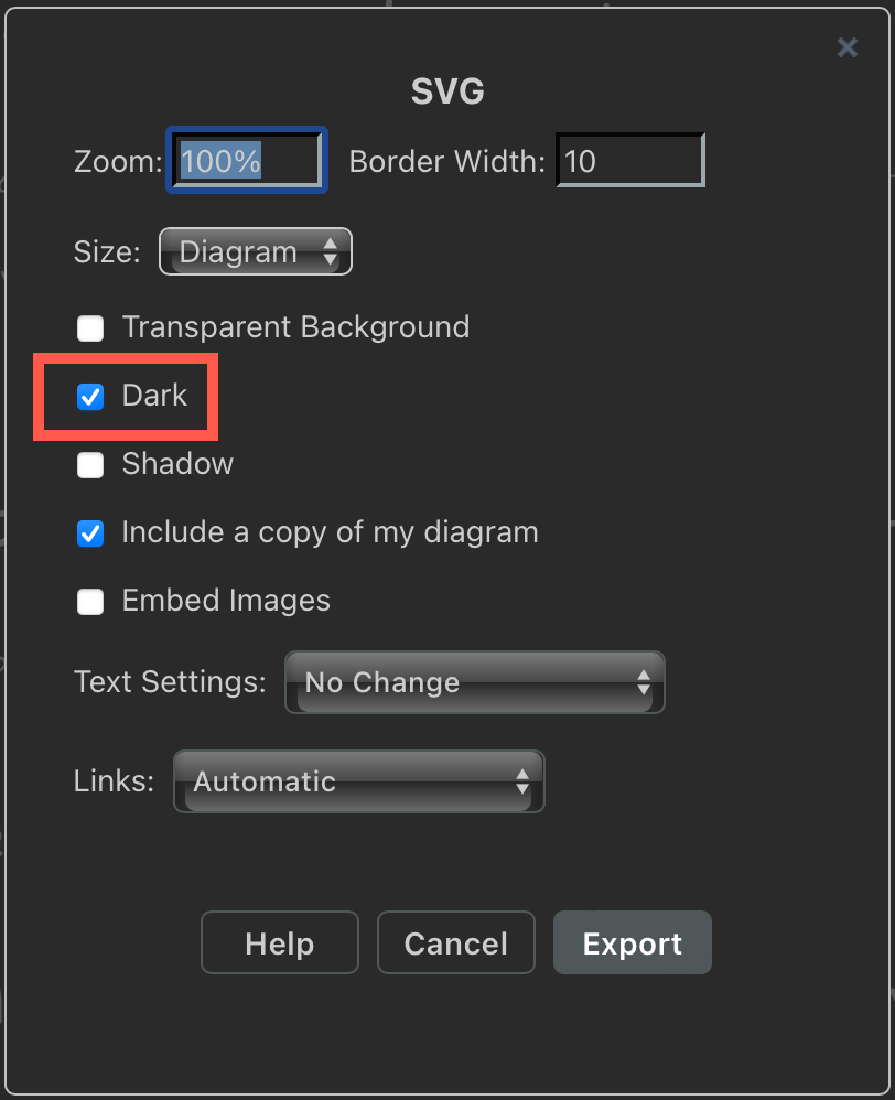 Make sure to leave the Dark checkbox enabled when exporting a diagram as an image from the Dark editor theme