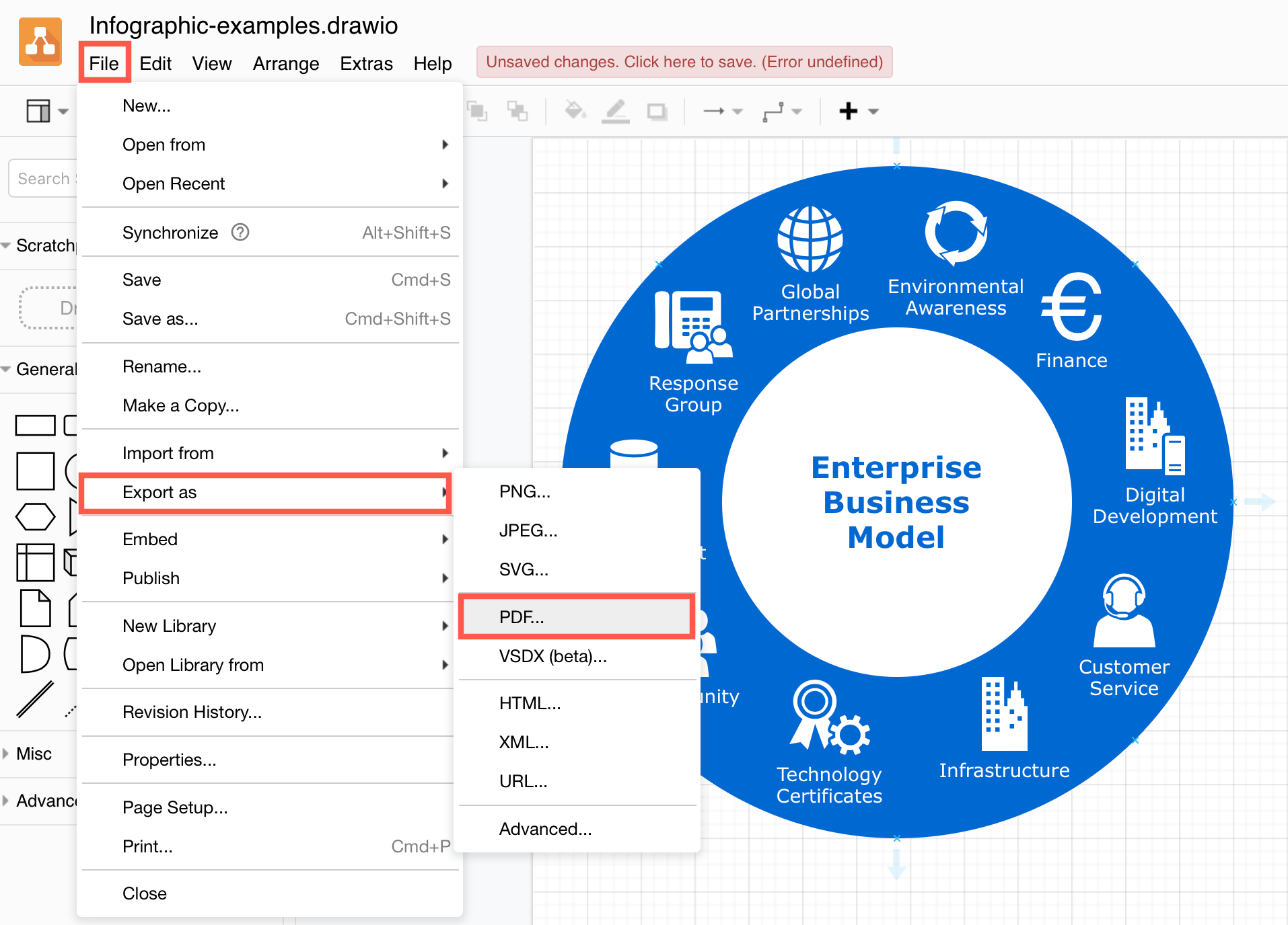 Export a diagram to PDF from diagrams.net