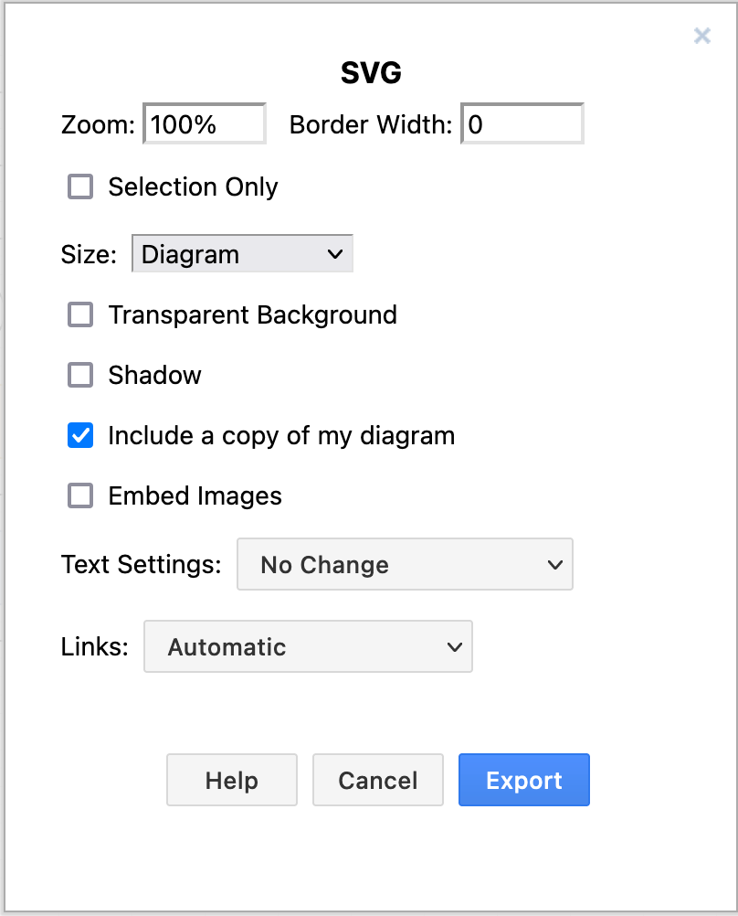 diagrams.net options when exporting a diagram as an SVG image