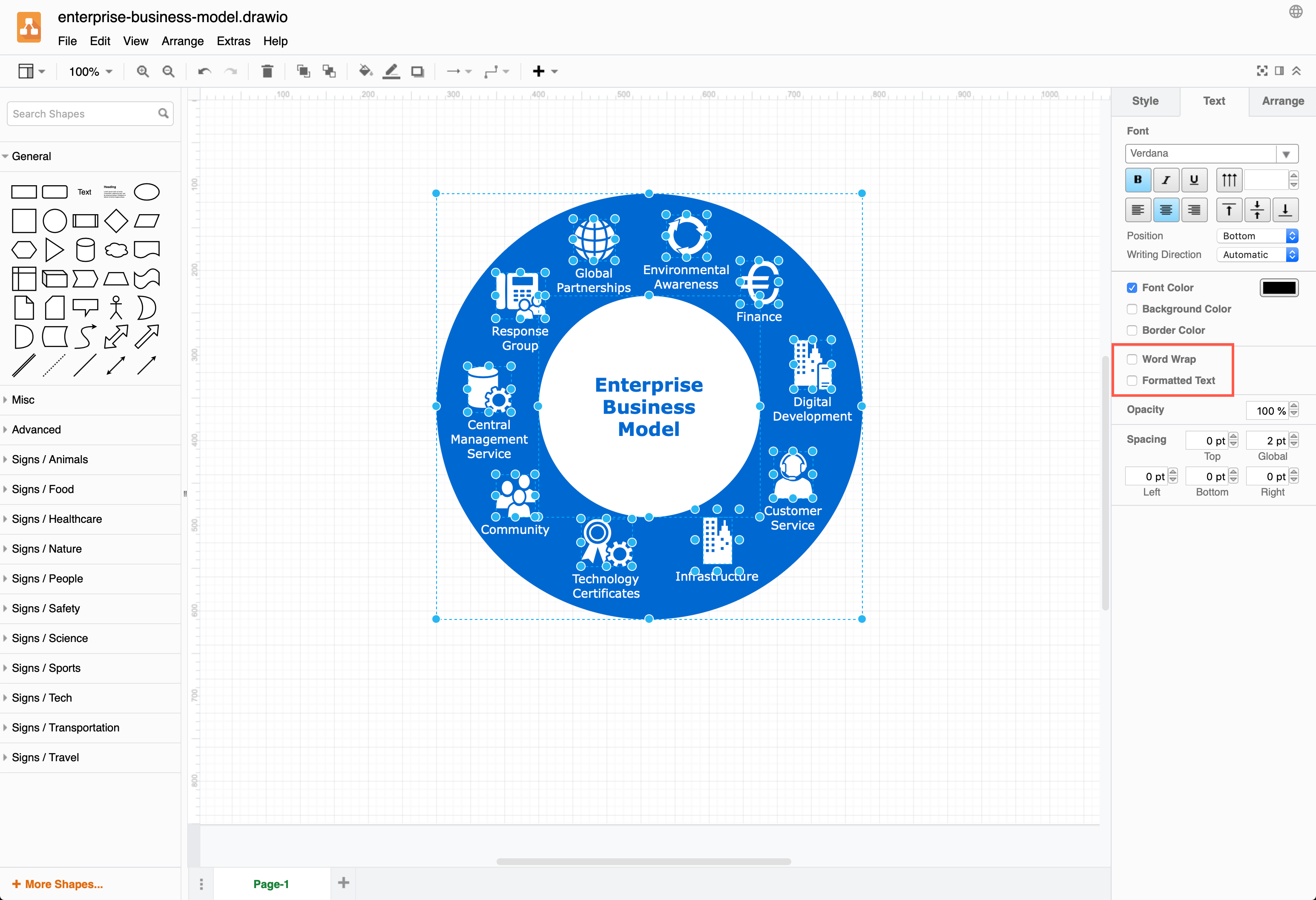 Prepare your diagram for exporting to SVG in diagrams.net by disabling word wrap and text formatting