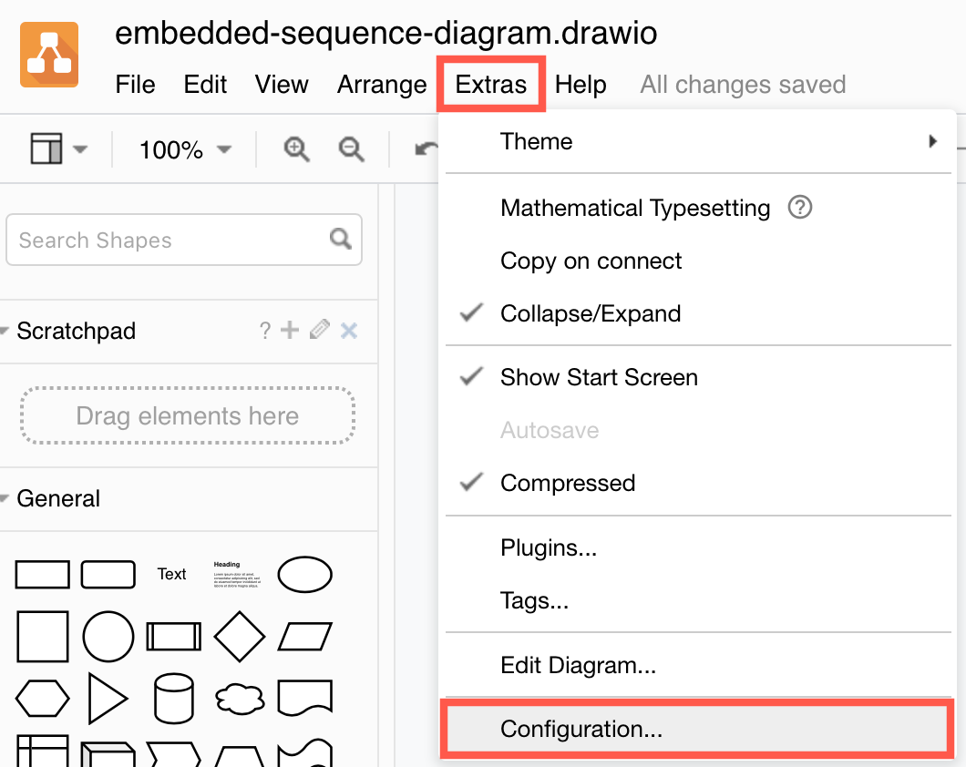 Access the diagrams.net configuration via Extras > Configuration