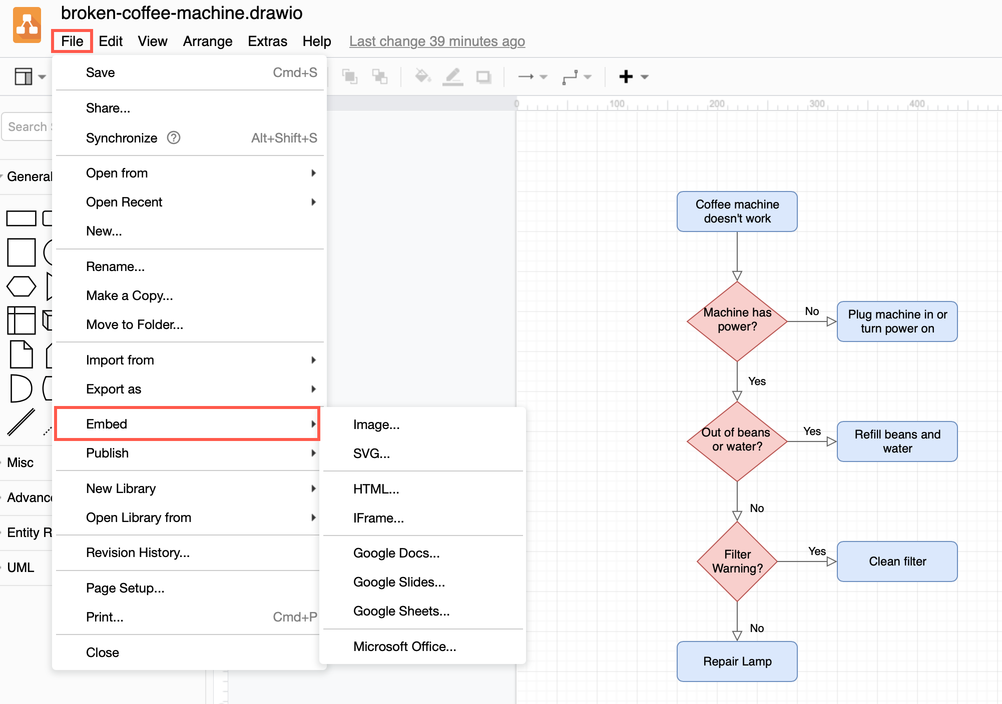 Click File > Embed and select HTML to export your diagram as HTML code