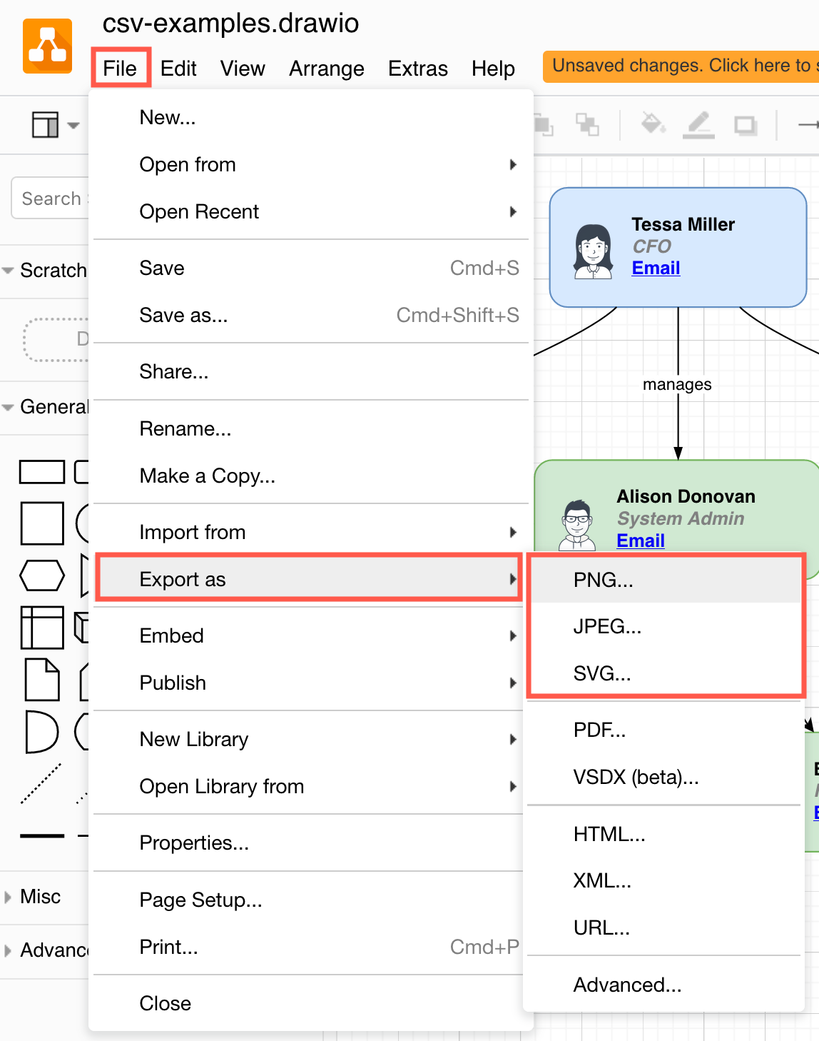 Select File > Export then choose the image format you want to export your diagram to