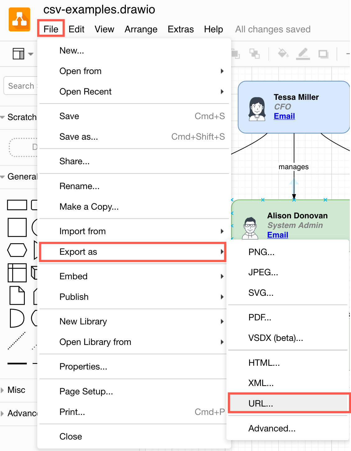 Export a diagram as a URL with embedded diagram data