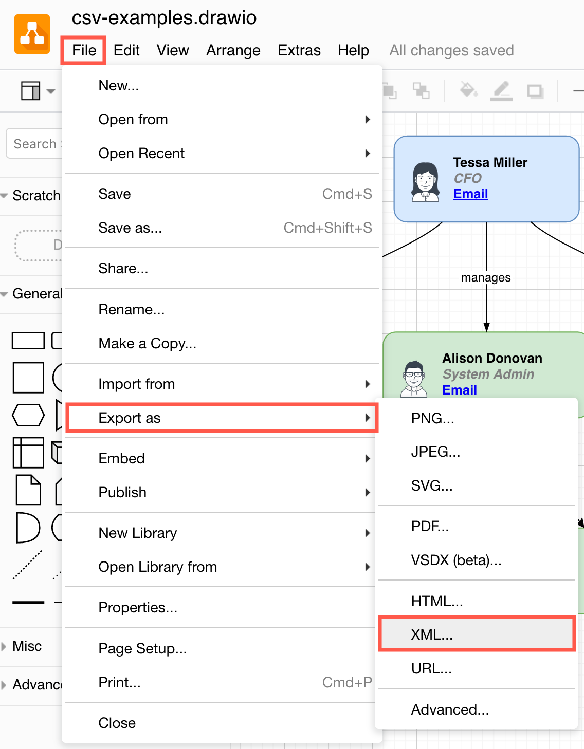 Export a diagram as an XML file