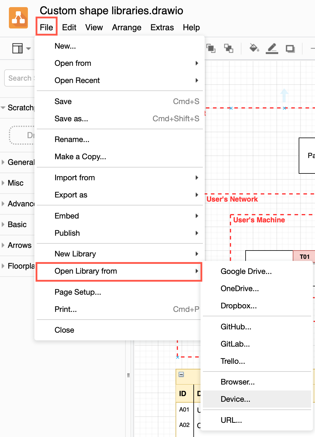 Open a custom shape library