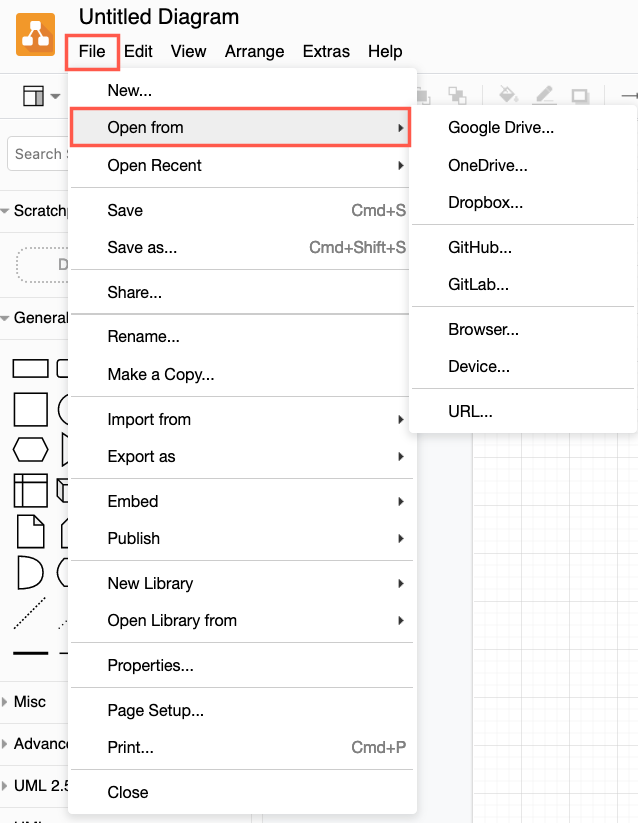 Select File > Open From in the diagrams.net editor, then select the location where your diagram file is saved