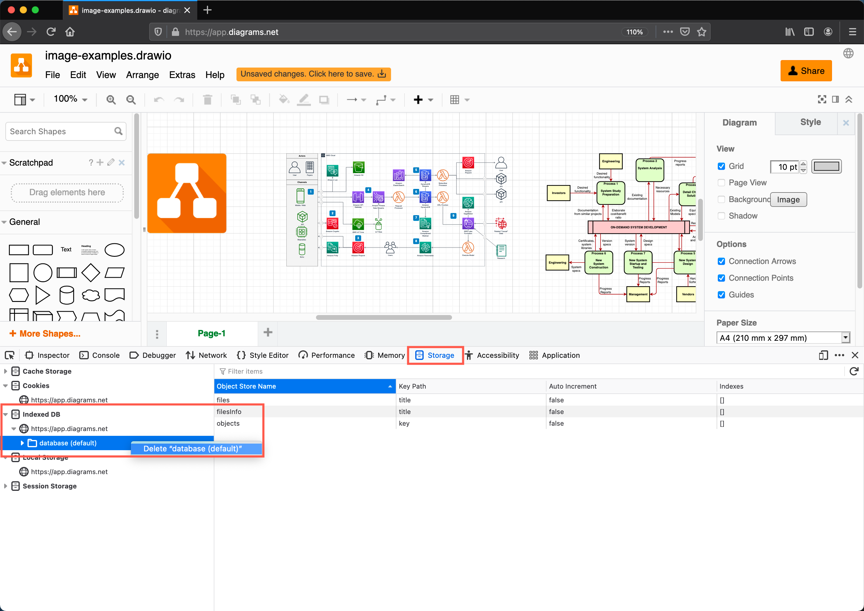 Delete the database entry for app.diagrams.net in your browser's debugger console